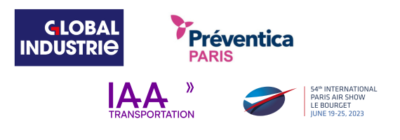 Logos d'événements passés auxquels nous avons pu assister : Global Industrie,Préventica, IAA, Paris Air Show